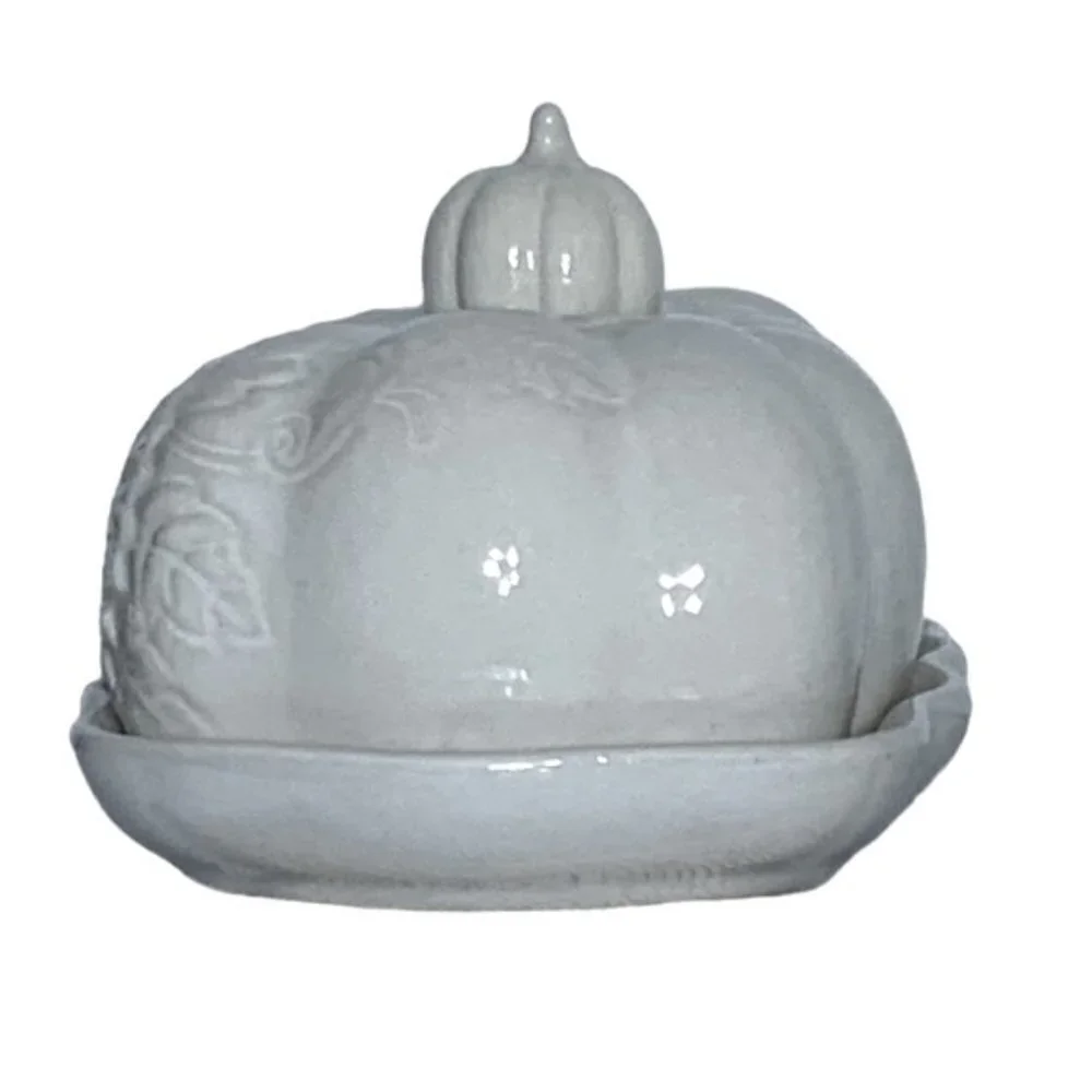 Harvest Pumpkin Covered Butter Dish With Lid Large Ceramic Floral White Cream